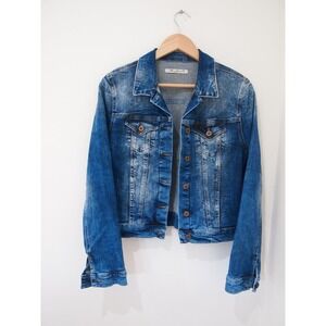 Mavi Jeans Co Denim Jacket Blue Wash‎ Distressed Button Front Trucker Style